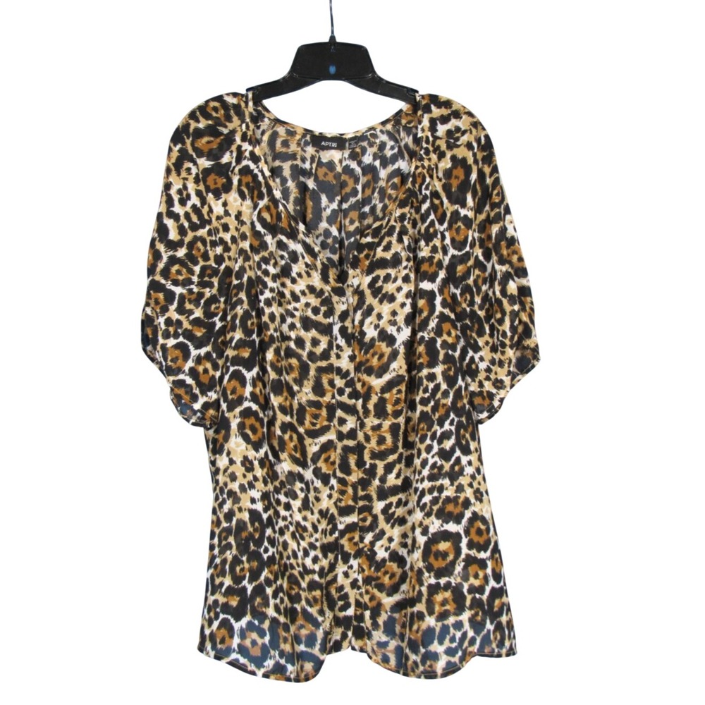 APT. 9 Brown/Multi LEOPARD PRINT Button-Up CHIFFON V-Neck BLOUSE/TOP Sz 2X